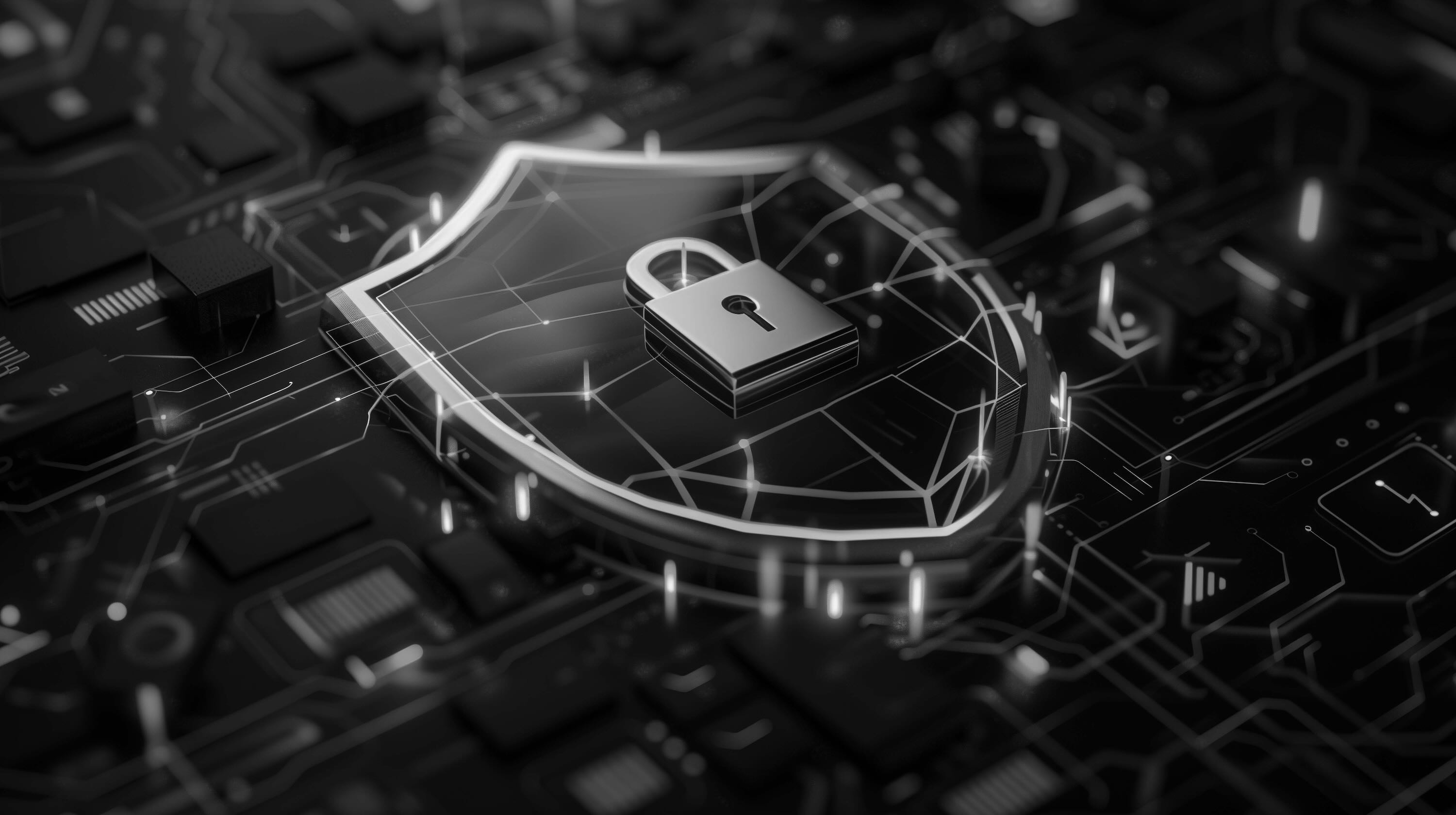 3D padlock on circuit grid — cryptographic security